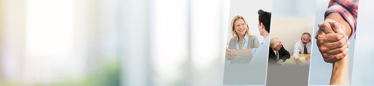 Three vertical panels: a smiling woman and man in conversation, two men reviewing documents, and a handshake symbolizing trust and support, set against a blurred, light background.