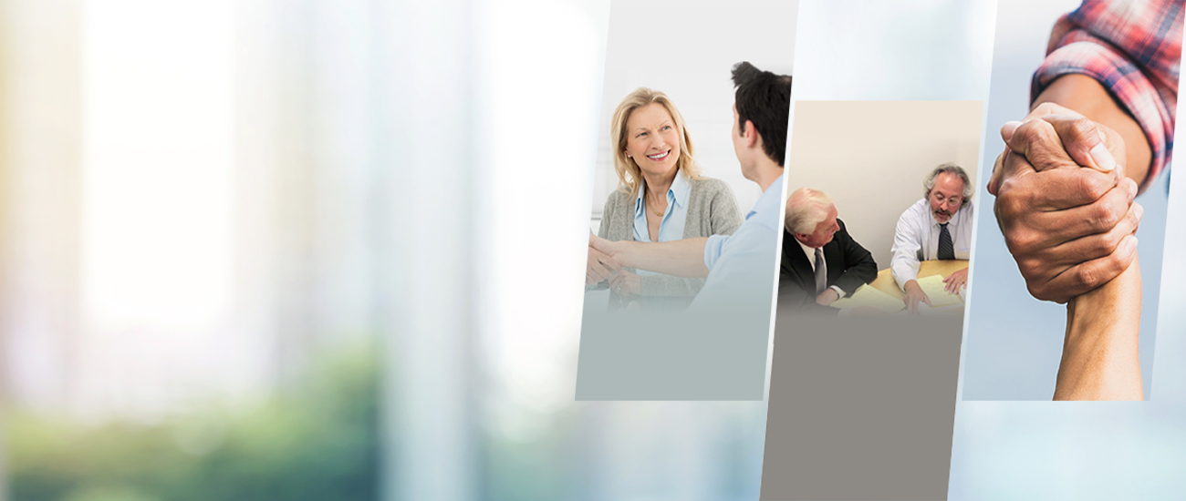 Three vertical panels: a smiling woman and man in conversation, two men reviewing documents, and a handshake symbolizing trust and support, set against a blurred, light background.